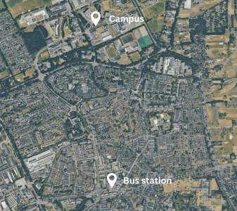 Distance bus station from Wageningen to campus
